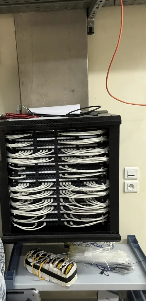 Patching rack. Six 24-port panels, white patch cords dressed row by row.